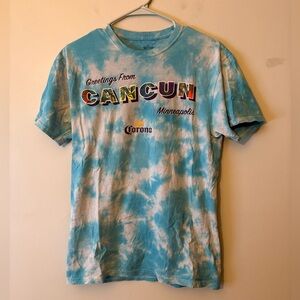 Corona Greetings from Cancun Blue Tie-Dye Graphic Short Sleeve Tee, Size Medium